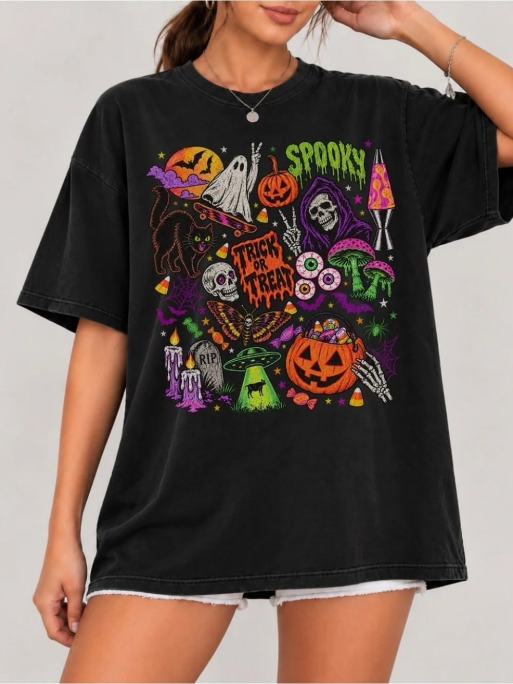 Comfort Colors Black Halloween Graphic Tee with Neon Icons